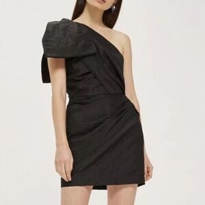 TOPSHOP Little Black Dress Taffeta Bow One Shoulder DRESS Size 6